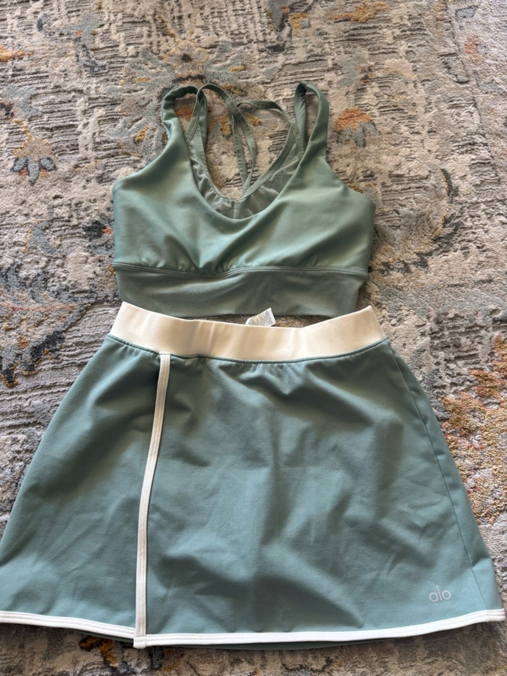 Alo Sage Green Tennis Skirt and Strappy Sports Bra Set XS (fits size 2-4)